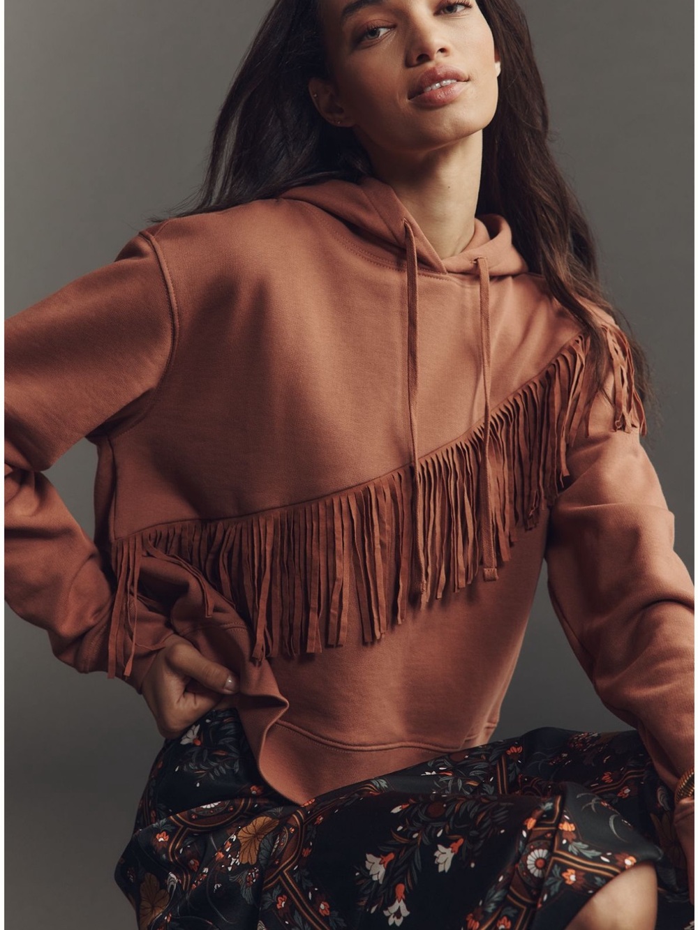 Pilcro Fringe-Trim Hooded Sweater - Burnt Orange